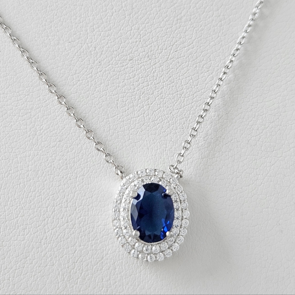 Sapphire Blue Oval Double Halo Gemstone Necklace, 925 Sterling Silver